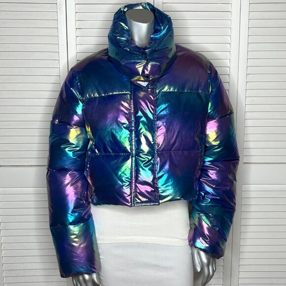 Unreal Fur Holographic FRACTALS Iridescent Puffer Jacket Metallic Cropped M NWT - Picture 4 of 12